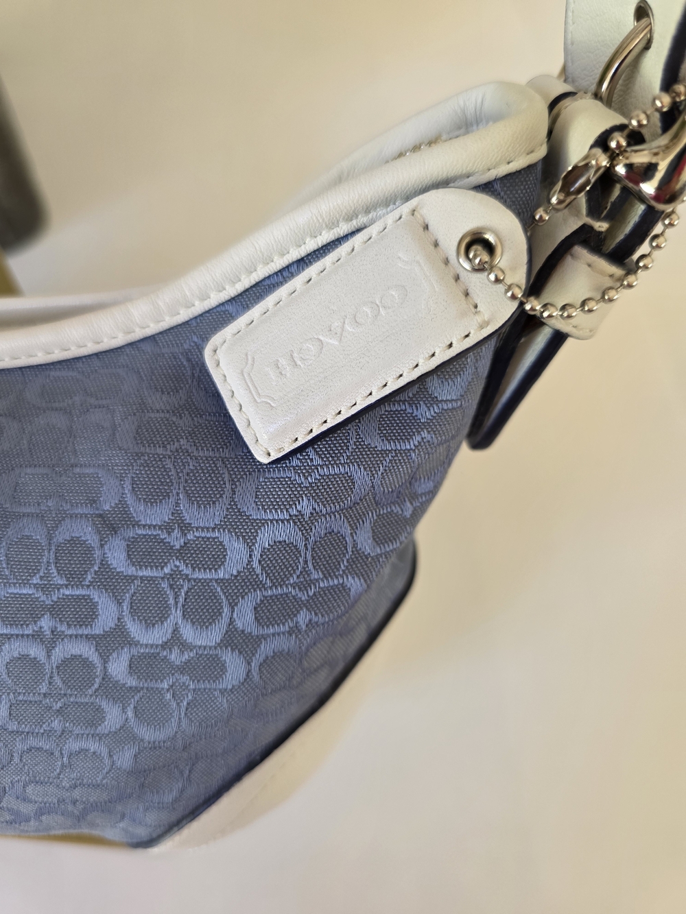 Coach Soho Signature Jacquard Hobo Shoulder Bag Denim Blue White Leather Y2K - Picture 3 of 13